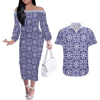 Polu Palaka Quilt Hawaii Couples Matching Off The Shoulder Long Sleeve Dress and Hawaiian Shirt Hawaiian Tropical Monstera Sea Turtle LT14 Blue - Polynesian Pride