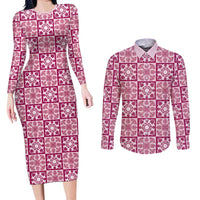 Akala Palaka Quilt Hawaii Couples Matching Long Sleeve Bodycon Dress and Long Sleeve Button Shirt Hawaiian Tropical Monstera Sea Turtle