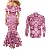 Akala Palaka Quilt Hawaii Couples Matching Mermaid Dress and Long Sleeve Button Shirt Hawaiian Tropical Monstera Sea Turtle LT14 - Polynesian Pride