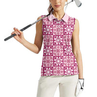 Akala Palaka Quilt Hawaii Women Sleeveless Polo Shirt Hawaiian Tropical Monstera Sea Turtle LT14 - Polynesian Pride