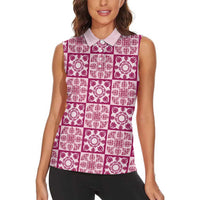 Akala Palaka Quilt Hawaii Women Sleeveless Polo Shirt Hawaiian Tropical Monstera Sea Turtle LT14 - Polynesian Pride