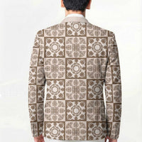 Beige Palaka Quilt Hawaii Blazer Hawaiian Tropical Monstera Sea Turtle