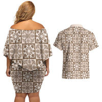 Beige Palaka Quilt Hawaii Couples Matching Off Shoulder Short Dress and Hawaiian Shirt Hawaiian Tropical Monstera Sea Turtle