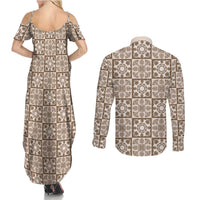 Beige Palaka Quilt Hawaii Couples Matching Summer Maxi Dress and Long Sleeve Button Shirt Hawaiian Tropical Monstera Sea Turtle LT14 - Polynesian Pride