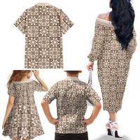 Beige Palaka Quilt Hawaii Family Matching Off The Shoulder Long Sleeve Dress and Hawaiian Shirt Hawaiian Tropical Monstera Sea Turtle