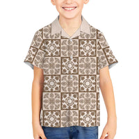 Beige Palaka Quilt Hawaii Family Matching Off Shoulder Maxi Dress and Hawaiian Shirt Hawaiian Tropical Monstera Sea Turtle LT14 Son's Shirt Beige - Polynesian Pride