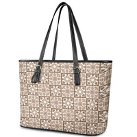 Beige Palaka Quilt Hawaii Leather Tote Bag Hawaiian Tropical Monstera Sea Turtle
