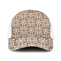 Beige Palaka Quilt Hawaii Mesh Trucker Cap Hawaiian Tropical Monstera Sea Turtle