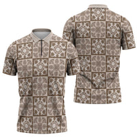 Beige Palaka Quilt Hawaii Zipper Polo Shirt Hawaiian Tropical Monstera Sea Turtle LT14 - Polynesian Pride