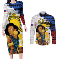 Personalised Philippines Women's Day Couples Matching Long Sleeve Bodycon Dress and Long Sleeve Button Shirt Filipino Golden Sun With Polynesian Pattern LT14 Red - Polynesian Pride