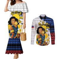 Personalised Philippines Women's Day Couples Matching Mermaid Dress and Long Sleeve Button Shirt Filipino Golden Sun With Polynesian Pattern LT14 Red - Polynesian Pride