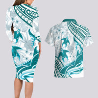 Cyan Polynesia Couples Matching Long Sleeve Bodycon Dress and Hawaiian Shirt Polynesian Turtle Shark Tattoo Tropical Vintage LT14 - Polynesian Pride