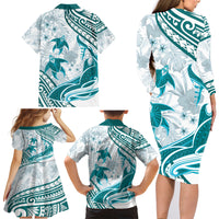 Cyan Polynesia Family Matching Long Sleeve Bodycon Dress and Hawaiian Shirt Polynesian Turtle Shark Tattoo Tropical Vintage LT14 - Polynesian Pride