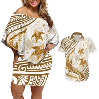 Gold Polynesia Couples Matching Off Shoulder Short Dress and Hawaiian Shirt Polynesian Turtle Shark Tattoo Tropical Vintage LT14 Gold - Polynesian Pride