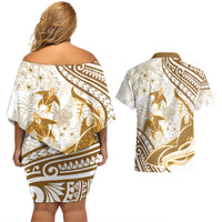 Gold Polynesia Couples Matching Off Shoulder Short Dress and Hawaiian Shirt Polynesian Turtle Shark Tattoo Tropical Vintage LT14 - Polynesian Pride