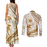 Gold Polynesia Couples Matching Tank Maxi Dress and Long Sleeve Button Shirt Polynesian Turtle Shark Tattoo Tropical Vintage LT14 - Polynesian Pride