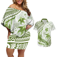 Lime Green Polynesia Couples Matching Off Shoulder Short Dress and Hawaiian Shirt Polynesian Turtle Shark Tattoo Tropical Vintage LT14 Lime Green - Polynesian Pride