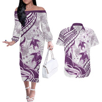 Purple Polynesia Couples Matching Off The Shoulder Long Sleeve Dress and Hawaiian Shirt Polynesian Turtle Shark Tattoo Tropical Vintage LT14 Purple - Polynesian Pride