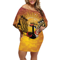 Australia And New Zealand ANZAC Off Shoulder Short Dress Aussie Kangaroo With Aotearoa Kiwi Lest We Forget LT14 Women Yellow - Polynesian Pride