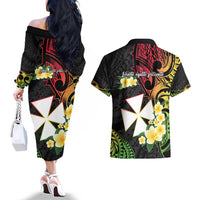 Wallis and Futuna Victory Day Couples Matching Off The Shoulder Long Sleeve Dress and Hawaiian Shirt Liberty Equality Fraternity Polynesian Plumeria