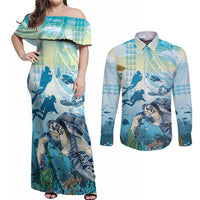 Personalized Snorkeling Hawaii Couples Matching Off Shoulder Maxi Dress and Long Sleeve Button Shirt Ocean Lover Hawaiian Kakau Honu Turtle