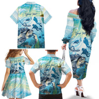 Personalized Snorkeling Hawaii Family Matching Off The Shoulder Long Sleeve Dress and Hawaiian Shirt Ocean Lover Hawaiian Kakau Honu Turtle