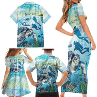 Personalized Snorkeling Hawaii Family Matching Short Sleeve Bodycon Dress and Hawaiian Shirt Ocean Lover Hawaiian Kakau Honu Turtle