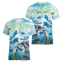 Personalized Snorkeling Hawaii Women V-Neck T-Shirt Ocean Lover Hawaiian Kakau Honu Turtle