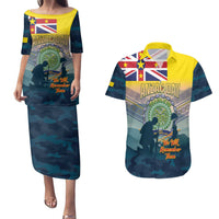 Niue ANZAC Day Couples Matching Puletasi and Hawaiian Shirt We Will Remember Them Camouflage Style
