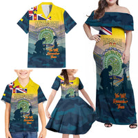 Niue ANZAC Day Family Matching Off Shoulder Maxi Dress and Hawaiian Shirt We Will Remember Them Camouflage Style