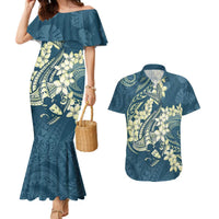 Cyan Polynesia Hammerhead Shark Tattoo With Plumeria Lei Couples Matching Mermaid Dress and Hawaiian Shirt LT14 Cyan - Polynesian Pride