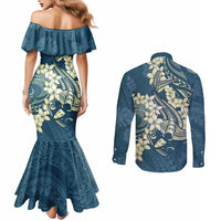 Cyan Polynesia Hammerhead Shark Tattoo With Plumeria Lei Couples Matching Mermaid Dress and Long Sleeve Button Shirt LT14 - Polynesian Pride