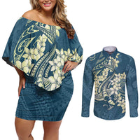 Cyan Polynesia Hammerhead Shark Tattoo With Plumeria Lei Couples Matching Off Shoulder Short Dress and Long Sleeve Button Shirt LT14 Cyan - Polynesian Pride