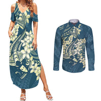 Cyan Polynesia Hammerhead Shark Tattoo With Plumeria Lei Couples Matching Summer Maxi Dress and Long Sleeve Button Shirt LT14 Cyan - Polynesian Pride