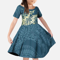 Cyan Polynesia Hammerhead Shark Tattoo With Plumeria Lei Family Matching Long Sleeve Bodycon Dress and Hawaiian Shirt LT14 Daughter's Dress Cyan - Polynesian Pride