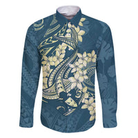 Cyan Polynesia Hammerhead Shark Tattoo With Plumeria Lei Family Matching Long Sleeve Bodycon Dress and Hawaiian Shirt LT14 Dad's Shirt - Long Sleeve Cyan - Polynesian Pride