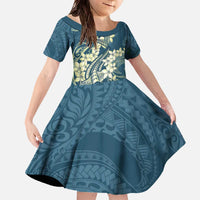 Cyan Polynesia Hammerhead Shark Tattoo With Plumeria Lei Family Matching Off The Shoulder Long Sleeve Dress and Hawaiian Shirt