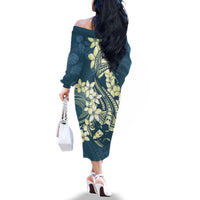 Cyan Polynesia Hammerhead Shark Tattoo With Plumeria Lei Family Matching Off The Shoulder Long Sleeve Dress and Hawaiian Shirt