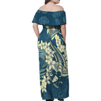 Cyan Polynesia Hammerhead Shark Tattoo With Plumeria Lei Family Matching Off Shoulder Maxi Dress and Hawaiian Shirt