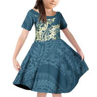 Cyan Polynesia Hammerhead Shark Tattoo With Plumeria Lei Family Matching Off Shoulder Short Dress and Hawaiian Shirt