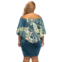 Cyan Polynesia Hammerhead Shark Tattoo With Plumeria Lei Family Matching Off Shoulder Short Dress and Hawaiian Shirt
