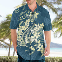 Cyan Polynesia Hammerhead Shark Tattoo With Plumeria Lei Hawaiian Shirt