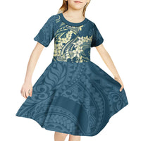 Cyan Polynesia Hammerhead Shark Tattoo With Plumeria Lei Kid Short Sleeve Dress