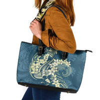 Cyan Polynesia Hammerhead Shark Tattoo With Plumeria Lei Leather Tote Bag LT14 Cyan - Polynesian Pride