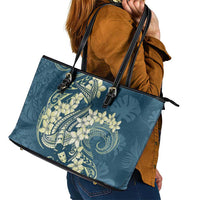 Cyan Polynesia Hammerhead Shark Tattoo With Plumeria Lei Leather Tote Bag LT14 - Polynesian Pride