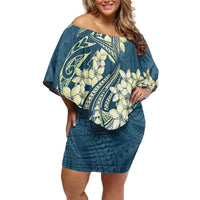 Cyan Polynesia Hammerhead Shark Tattoo With Plumeria Lei Off Shoulder Short Dress