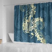 Cyan Polynesia Hammerhead Shark Tattoo With Plumeria Lei Shower Curtain
