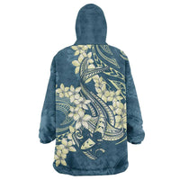 Cyan Polynesia Hammerhead Shark Tattoo With Plumeria Lei Wearable Blanket Hoodie