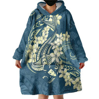 Cyan Polynesia Hammerhead Shark Tattoo With Plumeria Lei Wearable Blanket Hoodie