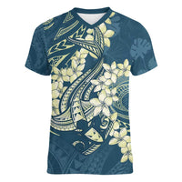 Cyan Polynesia Hammerhead Shark Tattoo With Plumeria Lei Women V-Neck T-Shirt LT14 Female Cyan - Polynesian Pride